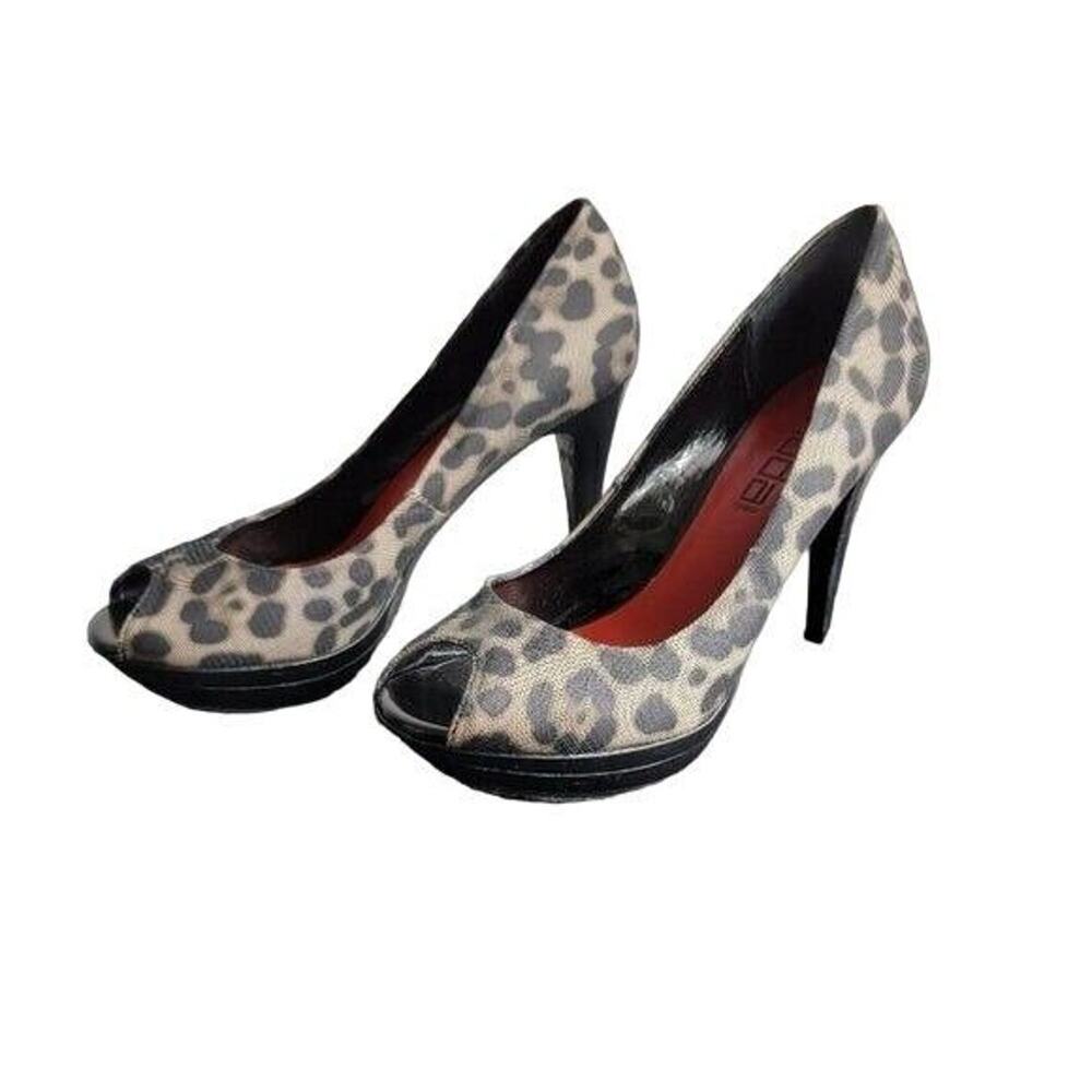 NEW Moda Spana Heels Peep Toe Sz 7.5‎ Animal Print Black Tan Shoes Classic Sexy